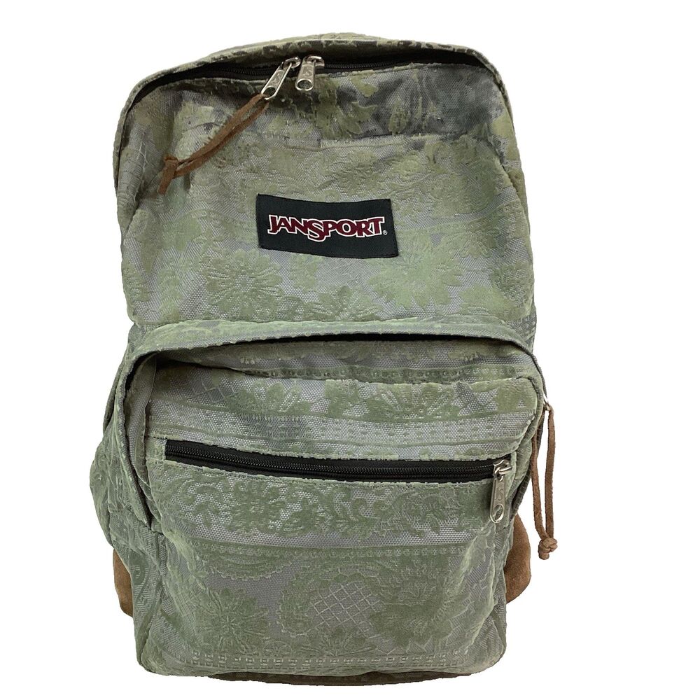 Jansport Right Pack Expressions Backpack Green Velvet Textured Floral Suede Bott
